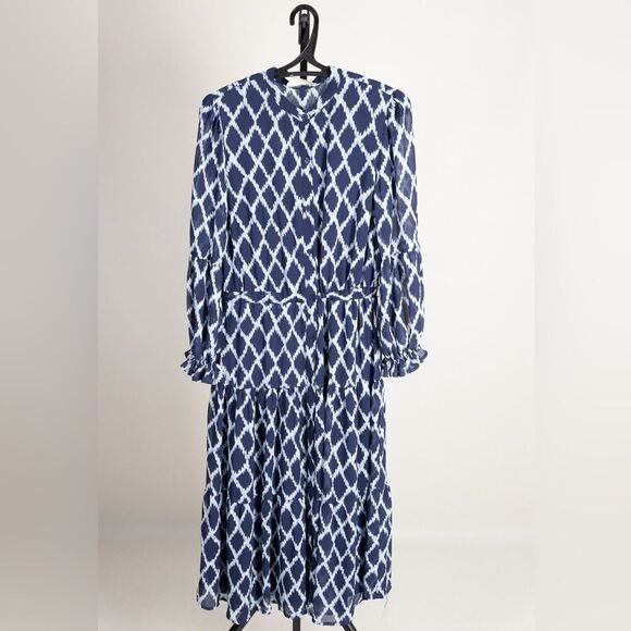 Michael Kors Ikat-Print Tiered Shirtdress midi dress size 12 blue large‎ breasts - Picture 1 of 9